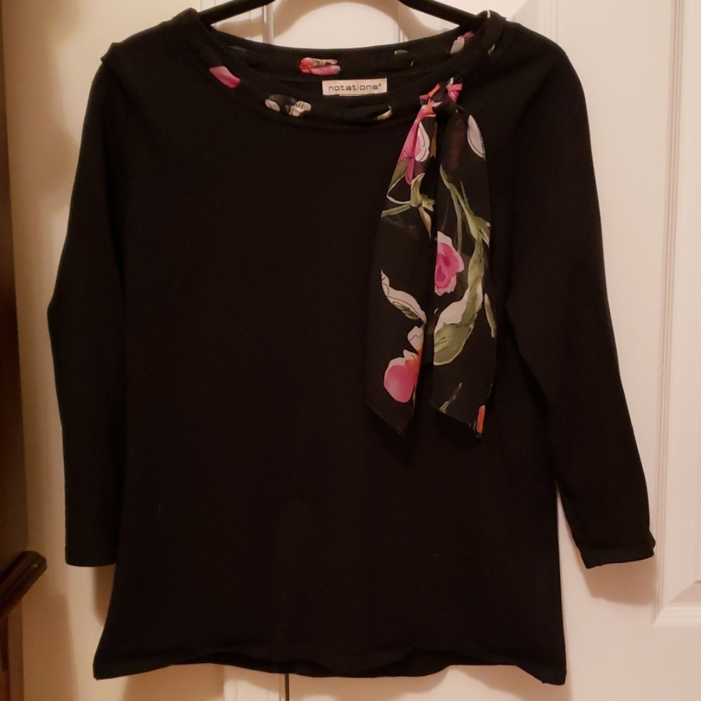 Black imbedded scarf tie blouse
